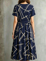 Women's Geometric Line Print Short Sleeve Drawstring Waist Midi Dress