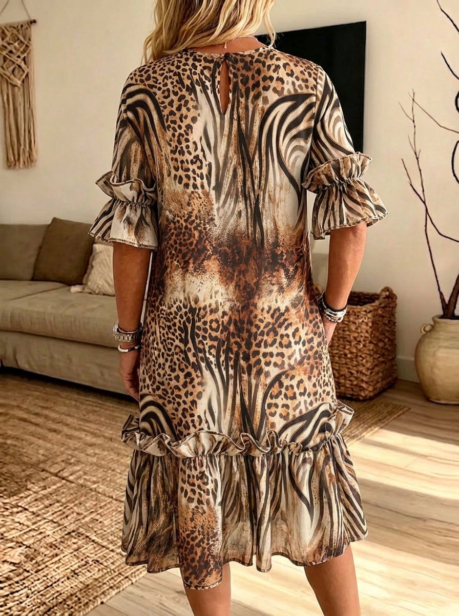 Women Mixed Animal Print Ruffle Midi Dress Loose Casual Pocket Summer Dress
