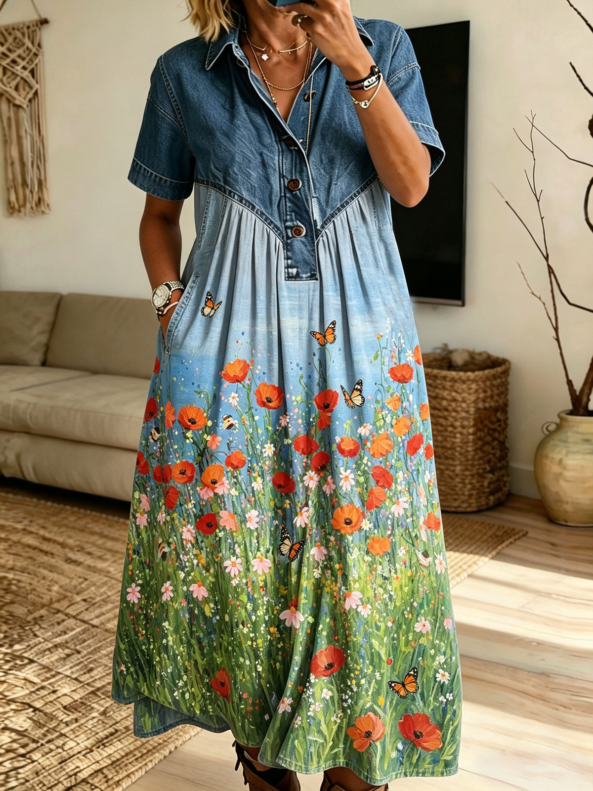 Women’s Denim Spliced Poppy Butterfly Gradient Print Shirt Midi Dress With Pockets