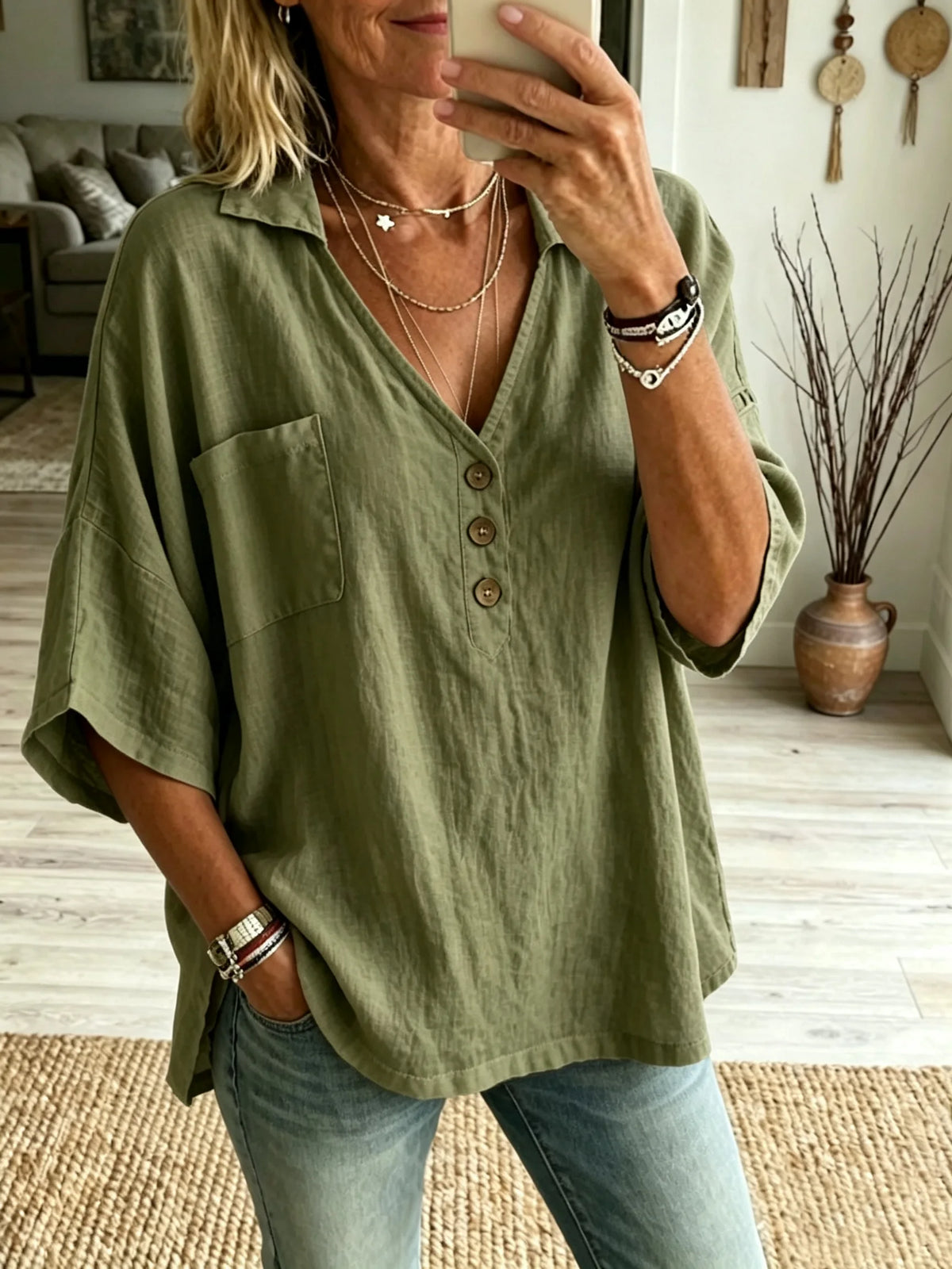 Women Solid Basic Pocket Henley Linen Short Sleeve Shirt