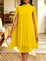 Women Mock Neck Cape Sleeve Pleated Chiffon Midi Party Dress