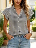 Stripe Pattern Art Print Casual Short Sleeve Ruffle Cotton Shirt