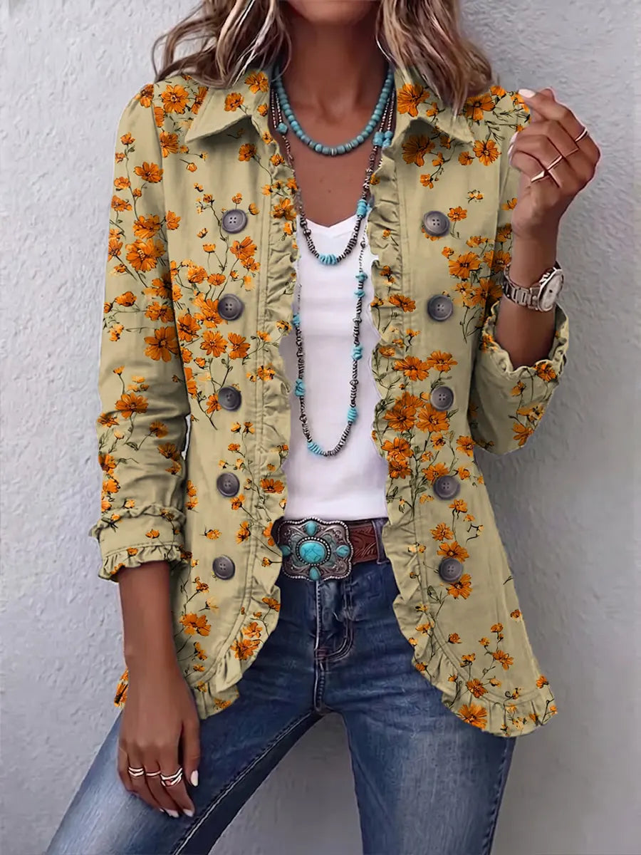 Retro Floral Pattern Art Print Ruffle Casual Stylish Cotton Lapel Coat