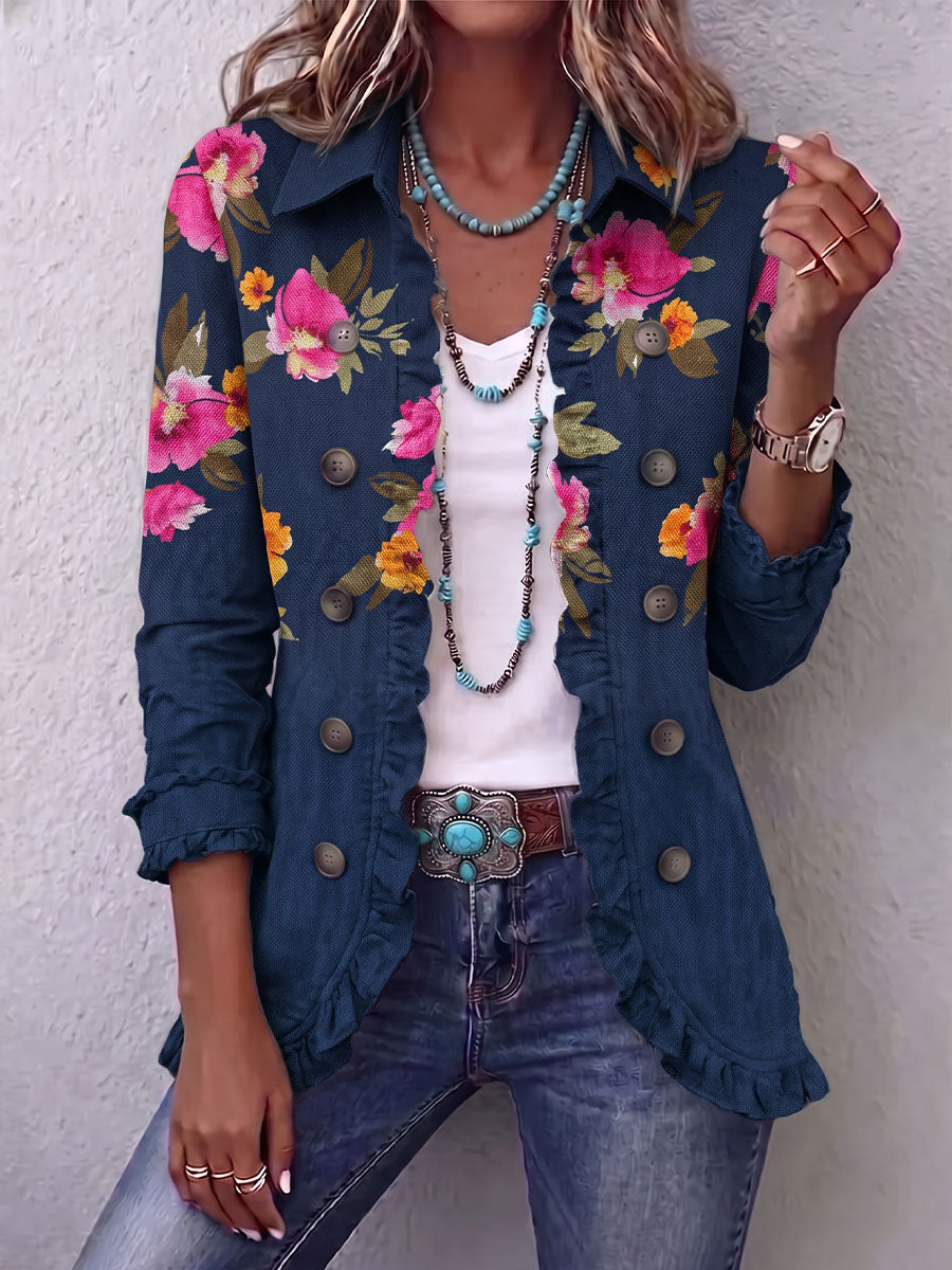 Vintage Elegant Pattern Patchwork Ruffled Jacket