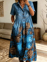 Women Denim Leopard Print Midi Dress Collared Short Sleeve Partial Button Loose Dress With Pockets
