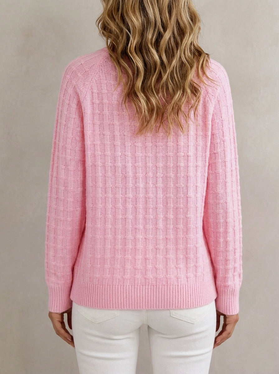 Women Textured Knit Sweater Round Neck Decorative Button Long Sleeve Casual Pullover Top