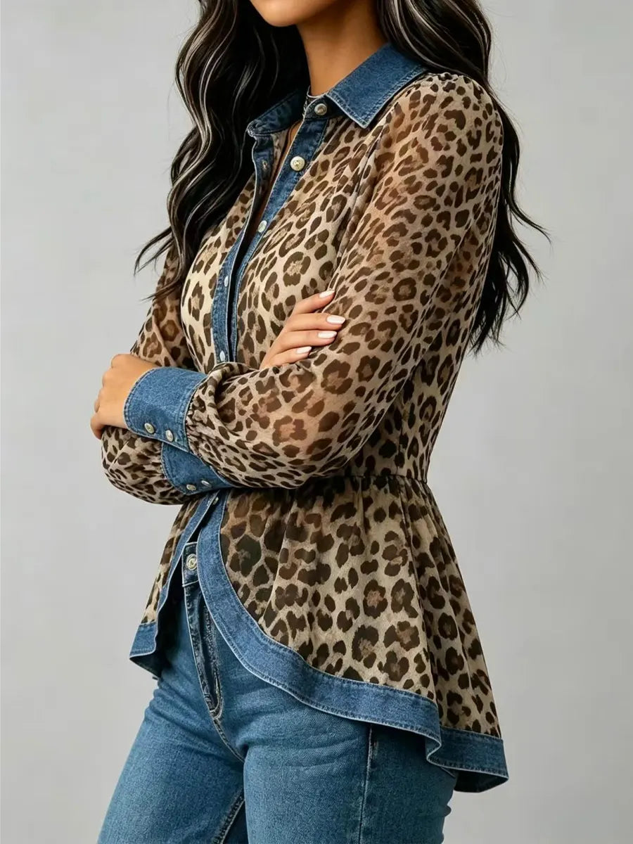 Retro Chic Long Sleeve Leopard Pattern Casual Stylish Denim Patchwork Shirt
