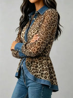 Retro Chic Long Sleeve Leopard Pattern Casual Stylish Denim Patchwork Shirt