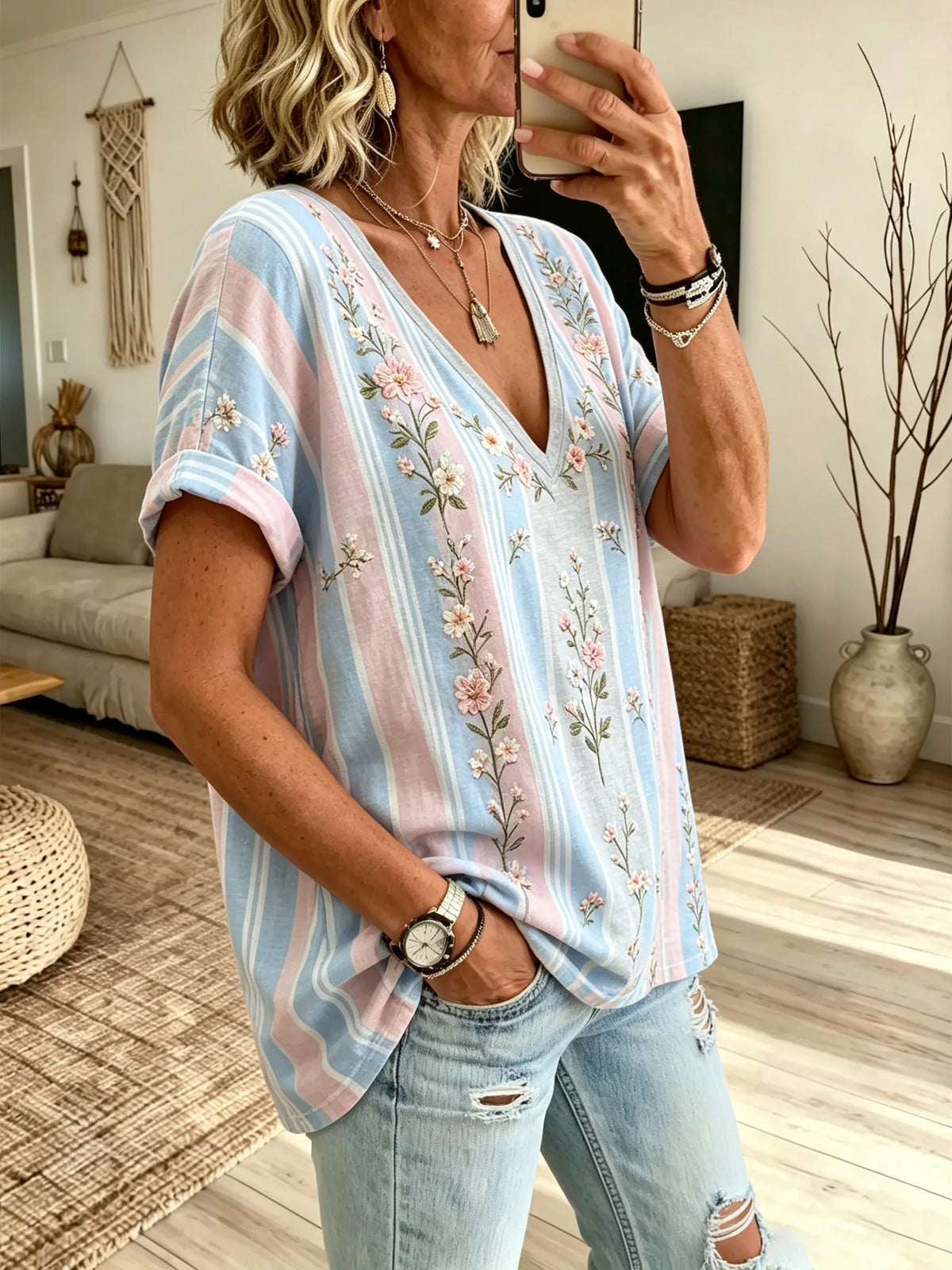 Women's Pink & Blue Vertical Stripe Floral Print V-Neck Loose Short Sleeve Top