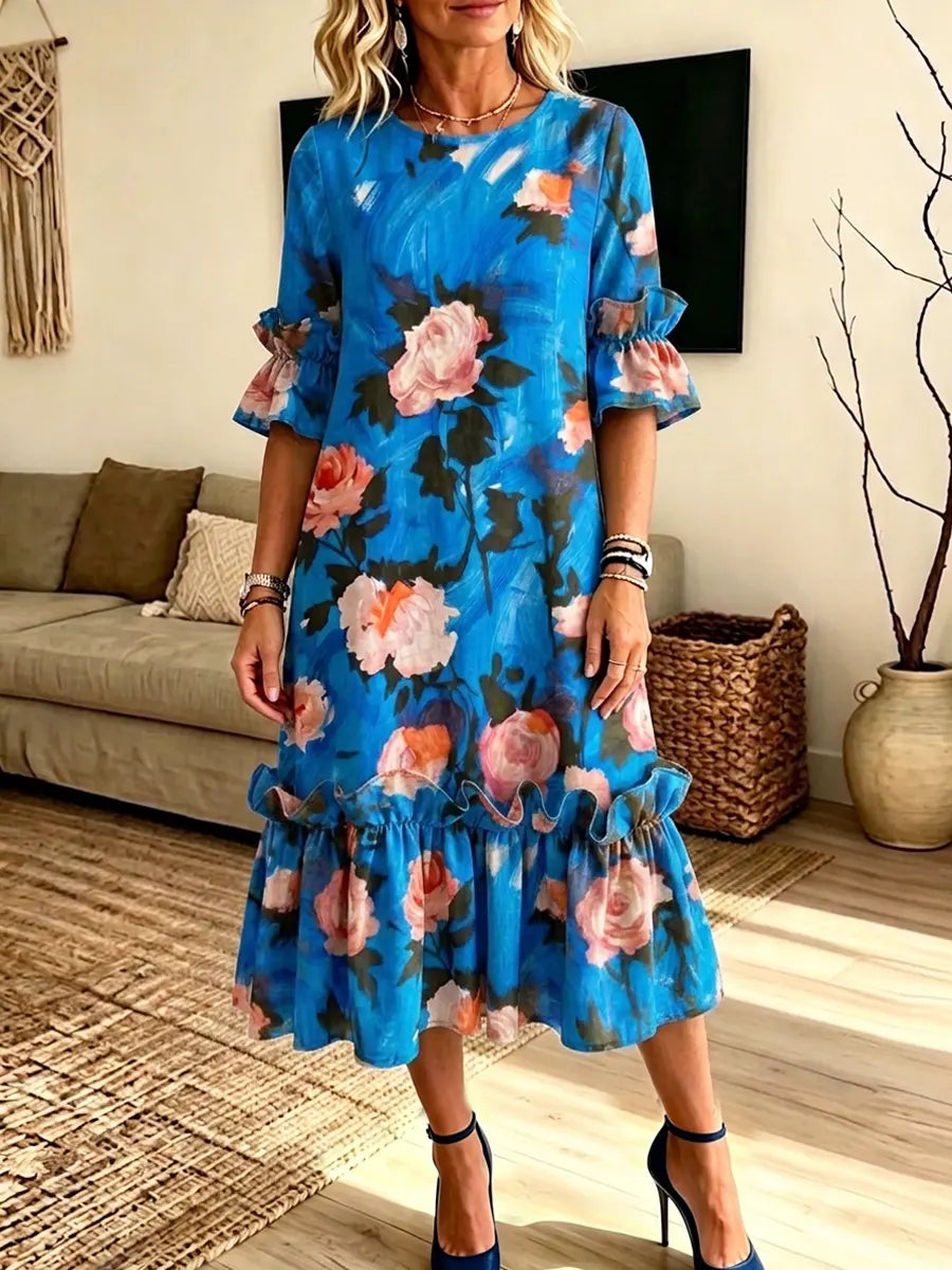 Retro Floral Pattern Art Print Casual Ruffle Stylish Cotton Linen Dress