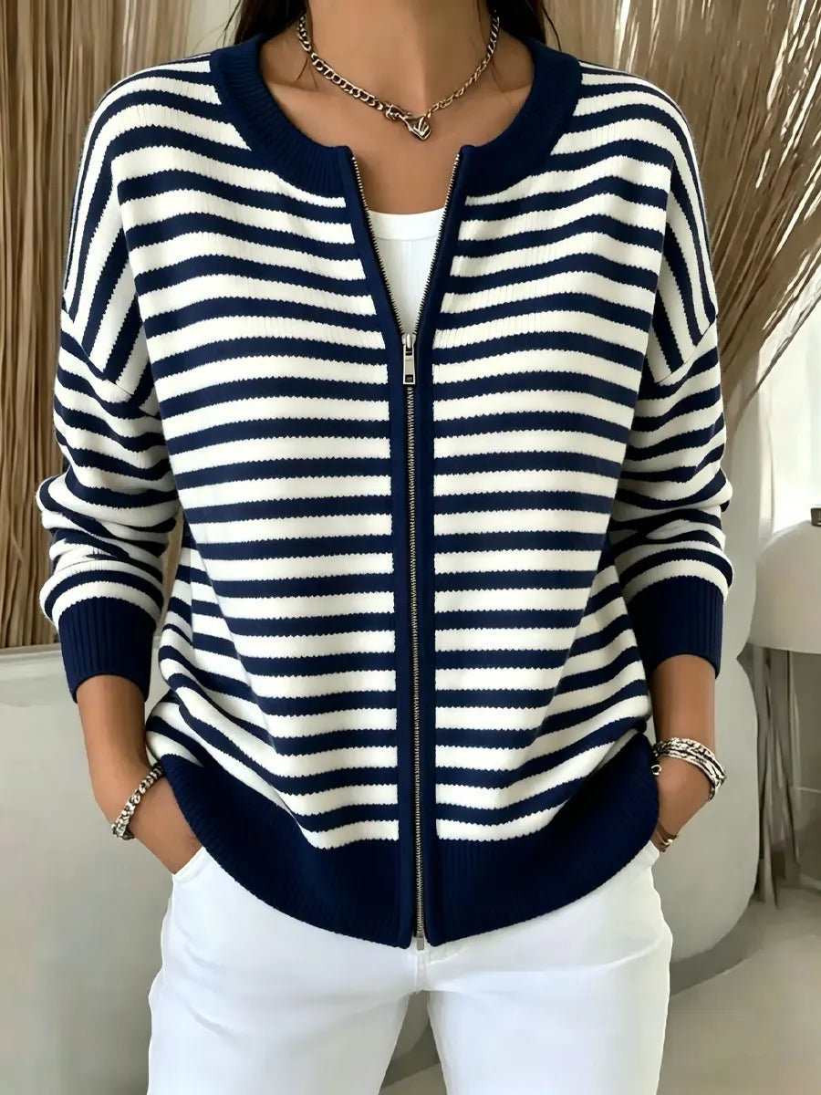Classic Stripe Pattern Zip Long Sleeve Casual Stylish Knitted Cardigan Coat