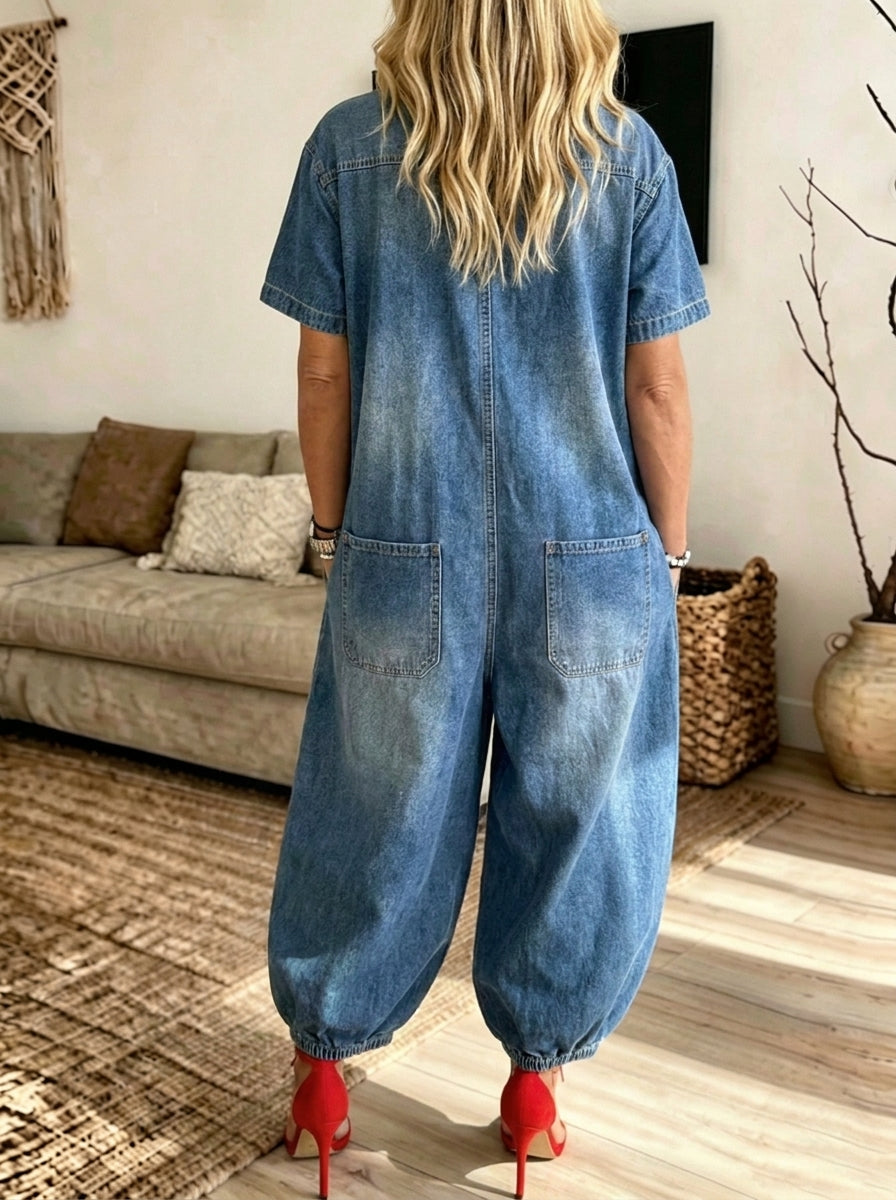 Women Denim Short Sleeve Jumpsuit Collared Button Front Loose Baggy Jumpsuit With Multi Pockets