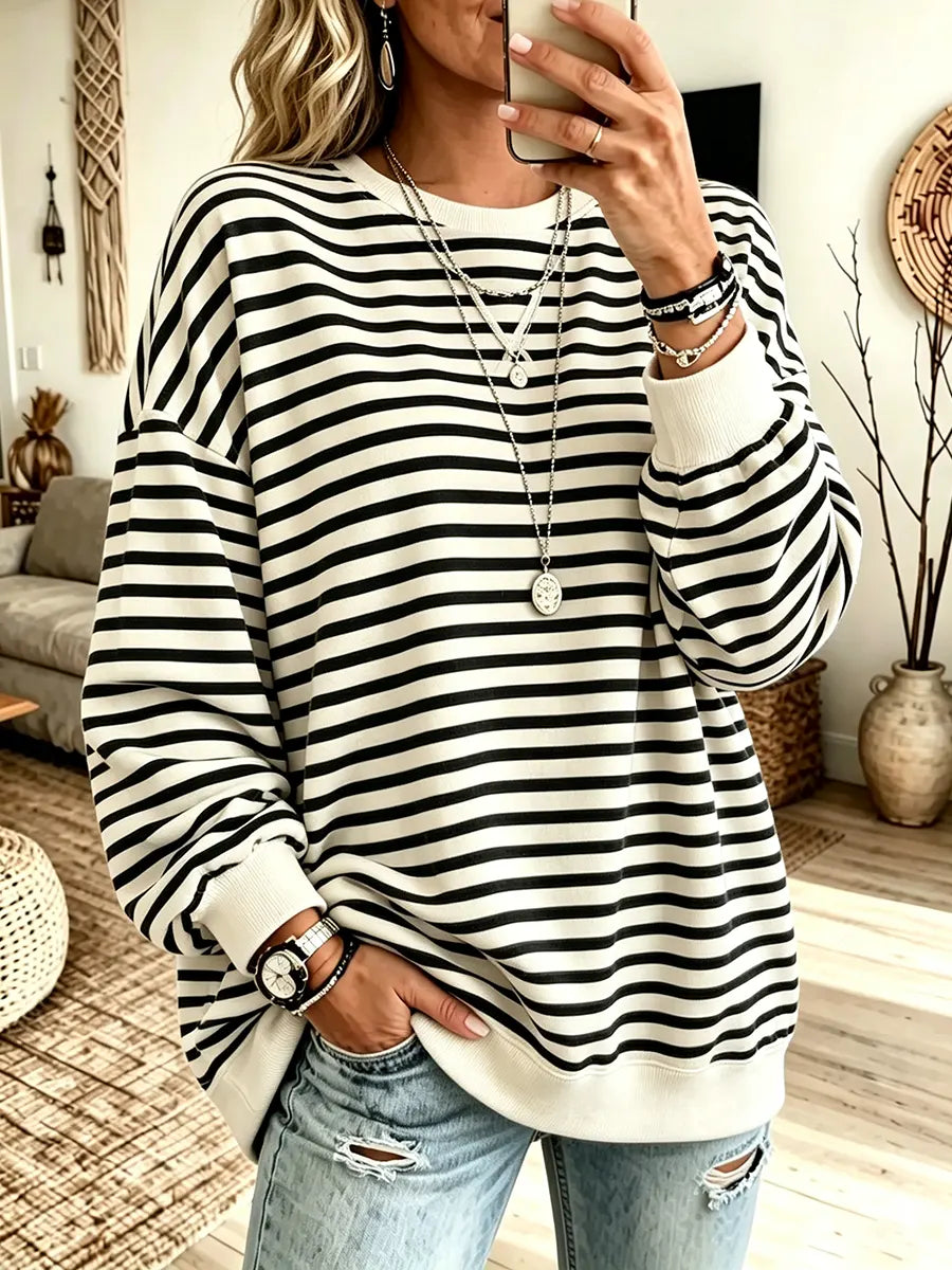 Women's Striped Color-block Loose Fit Crewneck Long-sleeve Sweatshirt