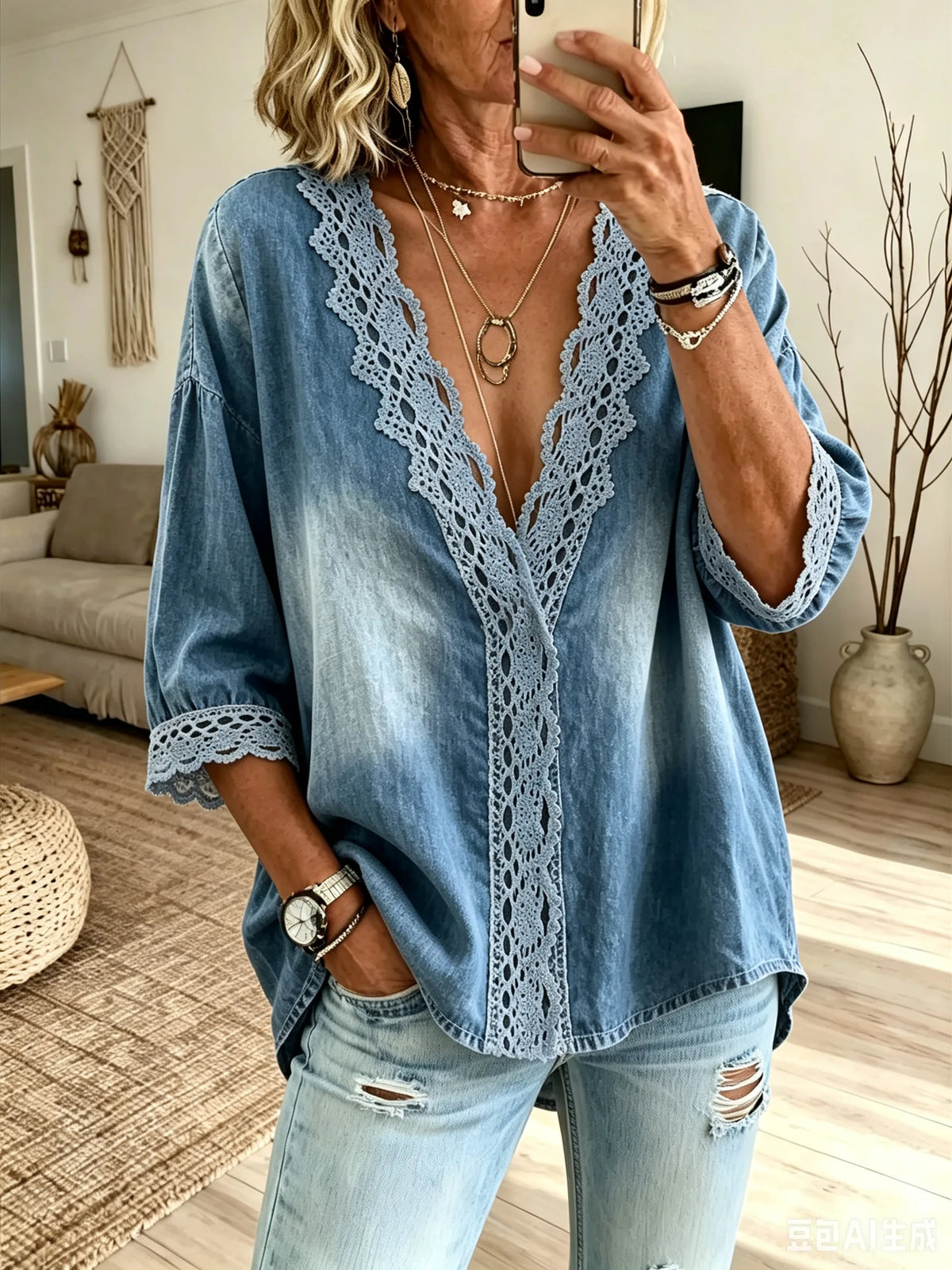 Women's Allover Lace Deep V Wrap Wide Mid-Sleeve Gradient Denim Top
