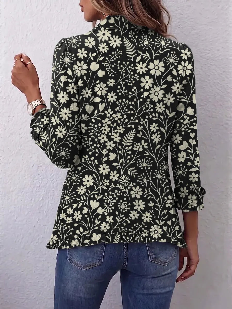 Retro Floral Pattern Art Print Ruffle Casual Stylish Cotton Lapel Coat