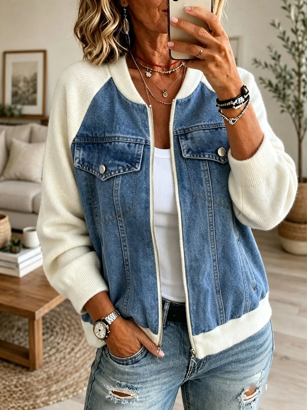 Women's Knit Sleeved Denim Bomber Jacket