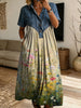 Women’s Denim Spliced Wildflower Meadow Print Midi Shirt Dress With Pockets