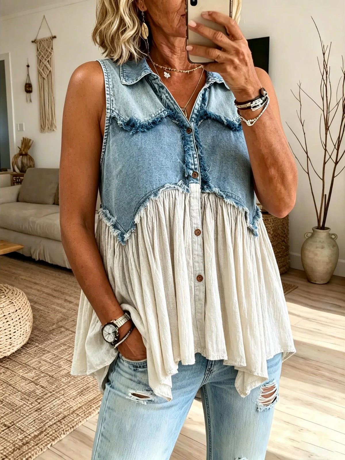 Women's Fringe Denim Spliced Pleated Sleeveless Top