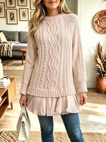 Women Cable‑Knit Mock Neck Chiffon Ruffle Hem Layered Sweater Tunic