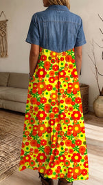 Women Denim Colorful Floral Midi Dress Collared Short Sleeve Partial Button Loose Dress With Pockets