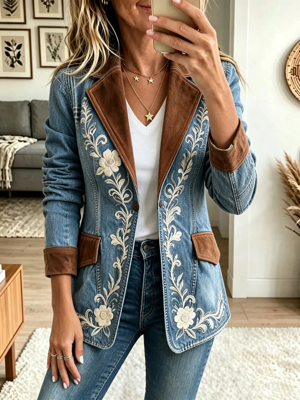 Women's Floral Suede Trim Denim Blazer