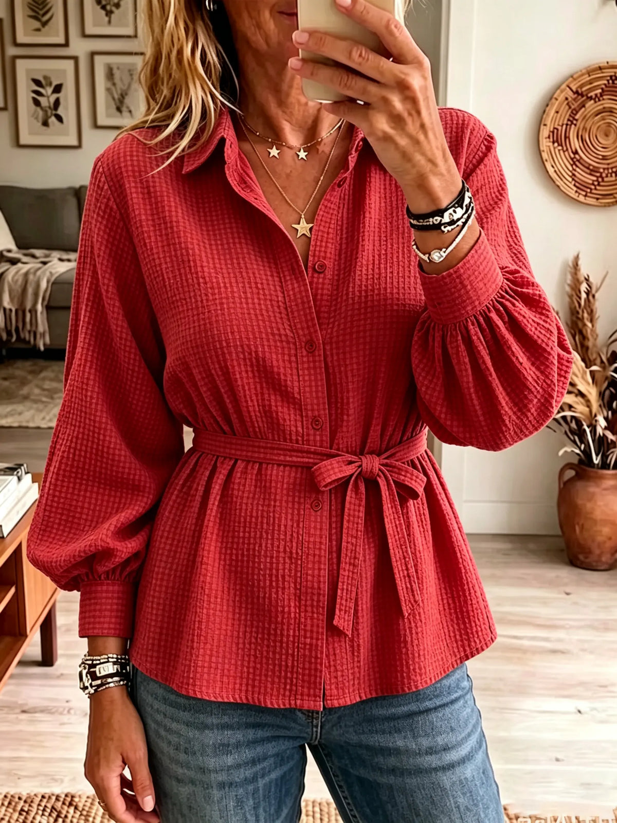 Women's Belted Waffle Knit Button-Down Tunic Shirt