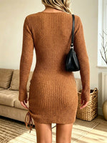 Women's Ribbed Knit Drawstring Ruched Mini Dress