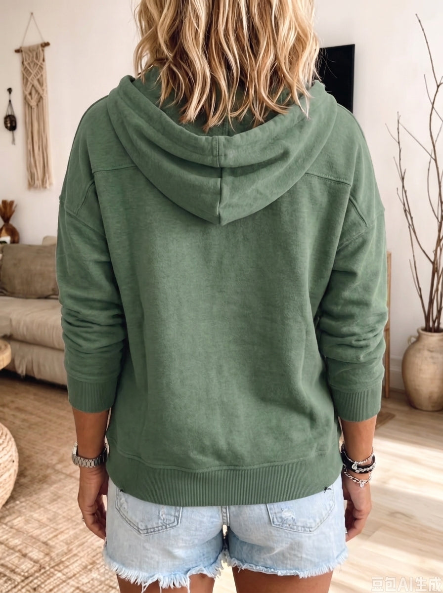 Women Henley Snap Button Hoodie Long Sleeve Pocket Drawstring Loose Sweatshirt