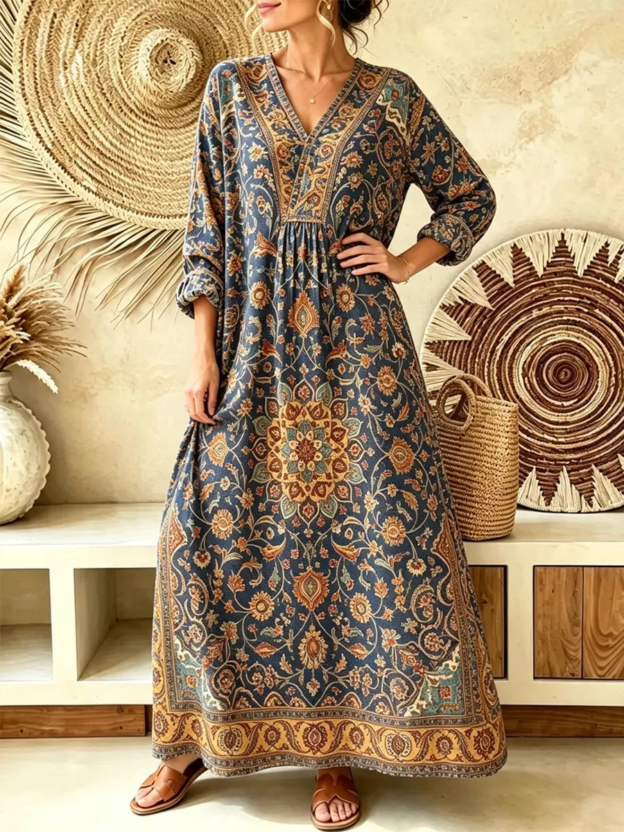 Retro Ethnic Floral Pattern Art Print Casual V-neck Cotton Linen Maxi Dress