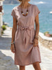 Women's Short Sleeve Belted Tie Waist Textured Linen Blend Midi Dress