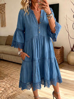 Women Denim Lace Trim Tiered Midi Dress Half Button Flare Sleeve Boho Dress With Pockets