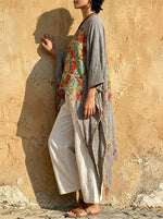Women‘s Vintage Mandala Print Linen Texture Batwing Kaftan Tunic Top
