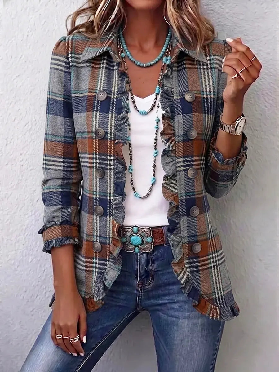 Retro Plaid Pattern Art Print Ruffle Casual Stylish Cotton Lapel Coat