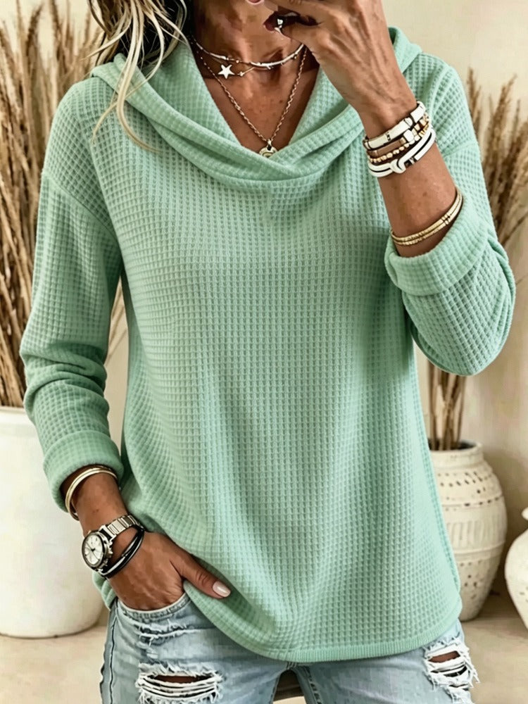 Women's Waffle Knit Cowl Neck Hoodie Top