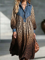 Vintage Denim Yoke Leopard Long Sleeve Maxi Dress