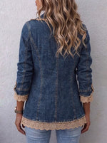 Women Lapel Ruffle Lace Trim Denim Jacket Single‑Button Long Sleeve Casual Blazer Coat With Pockets