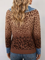 Women Leopard Print Top Denim Frayed Collar Lace‑Up Long Sleeve Western Blouse