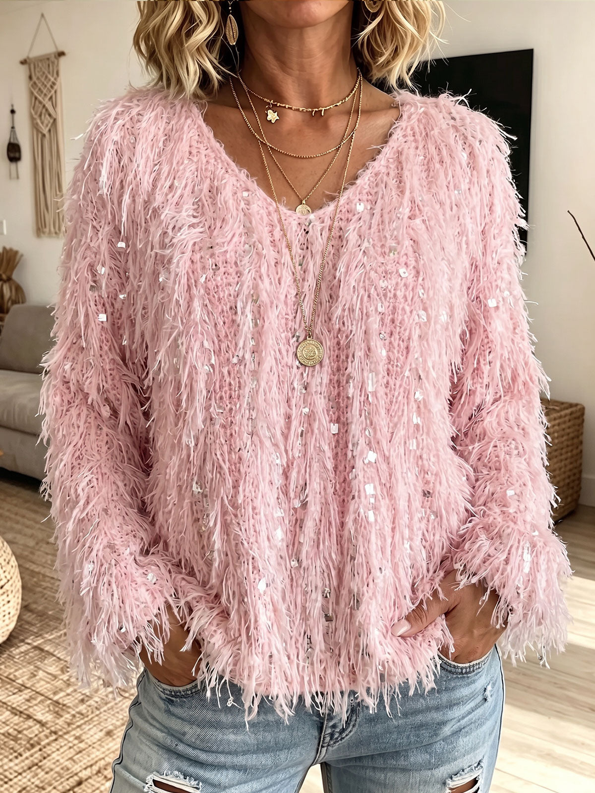 Women V‑Neck Shaggy Fuzzy Sequin Embellished Long Sleeve Knit Sweater