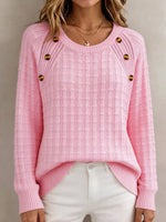 Women Textured Knit Sweater Round Neck Decorative Button Long Sleeve Casual Pullover Top