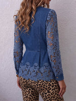 Vintage Elegant Denim Patchwork Hollowed Out Lace Shirt