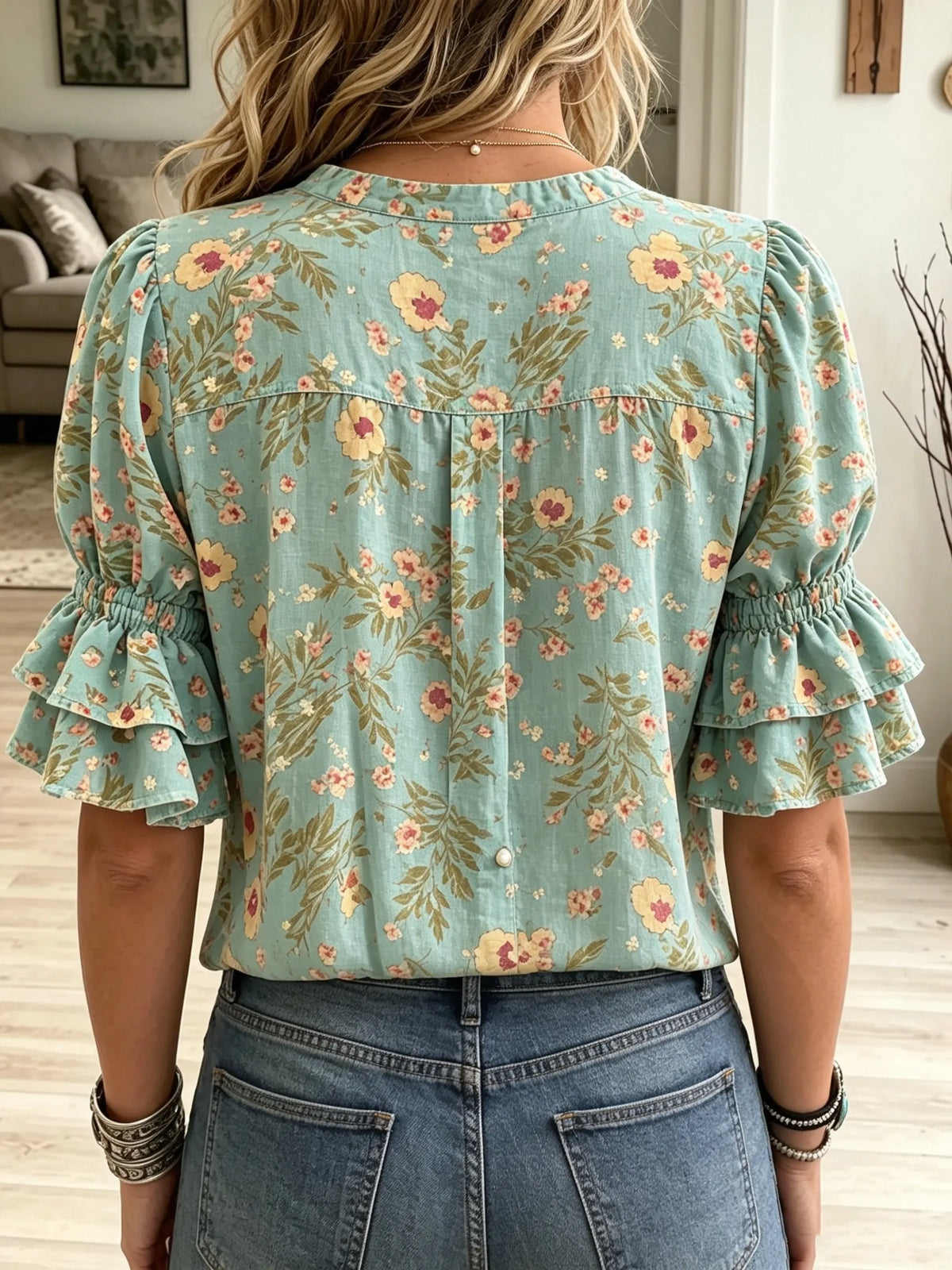 Women's Floral Print Ruffle Yoke Blouse