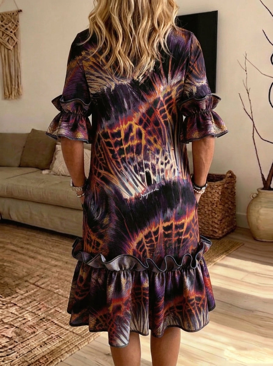 Abstract Tribal Print Ruffle Sleeve Midi Dress With Pockets