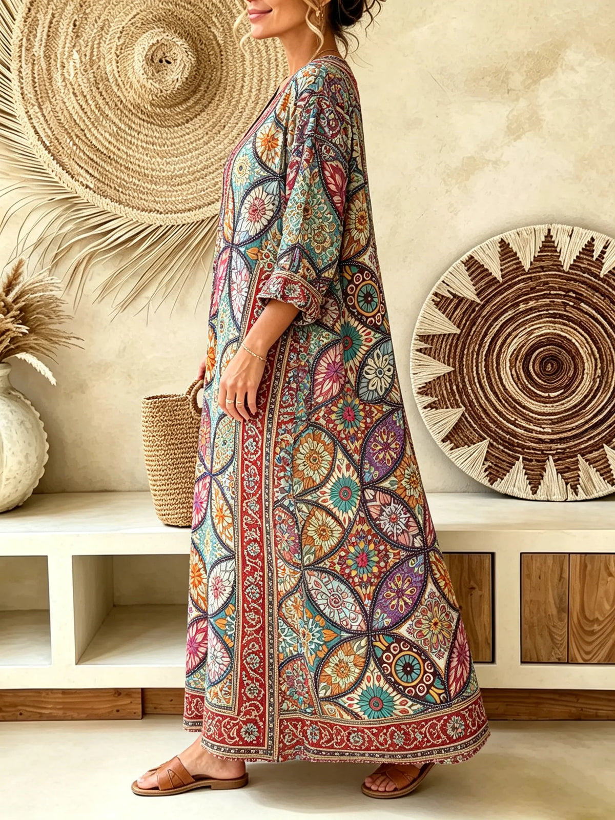 Women Vintage Diamond Floral Patchwork Print V-neck Maxi Dress