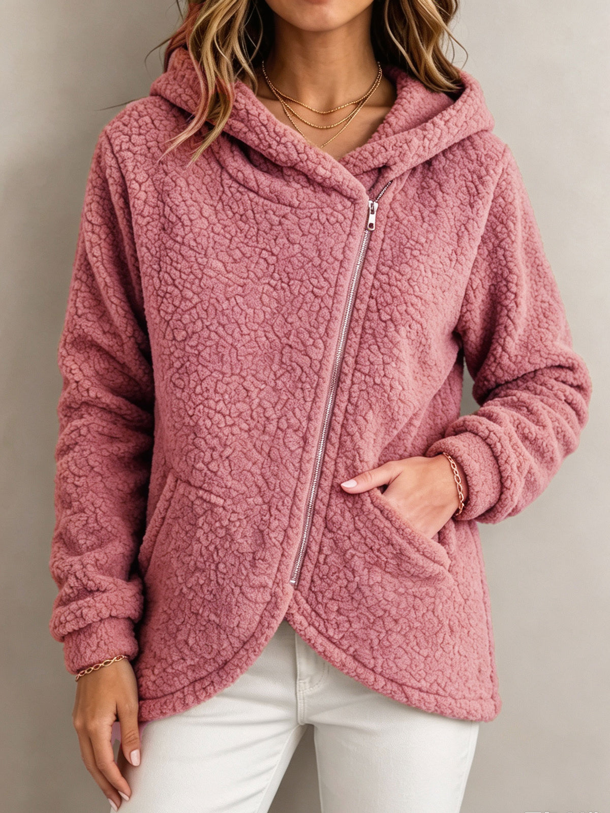 Women Teddy Fleece Hooded Jacket Diagonal Zip Warm Fuzzy Coat With Side Pockets