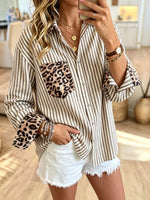 Women's Leopard Pocket Striped Button-Down Shirt