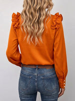 Women Orange Ruffle Shoulder Blouse Round Neck Pearl Button Long Sleeve Casual Top