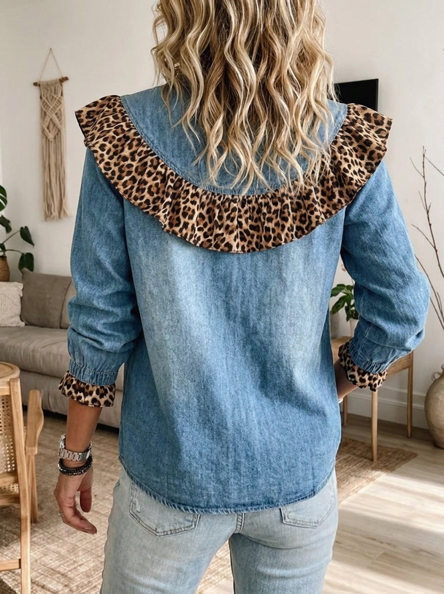 标题 Women Denim Shirt With Leopard Ruffle Trim Long Sleeve Button Down Blouse