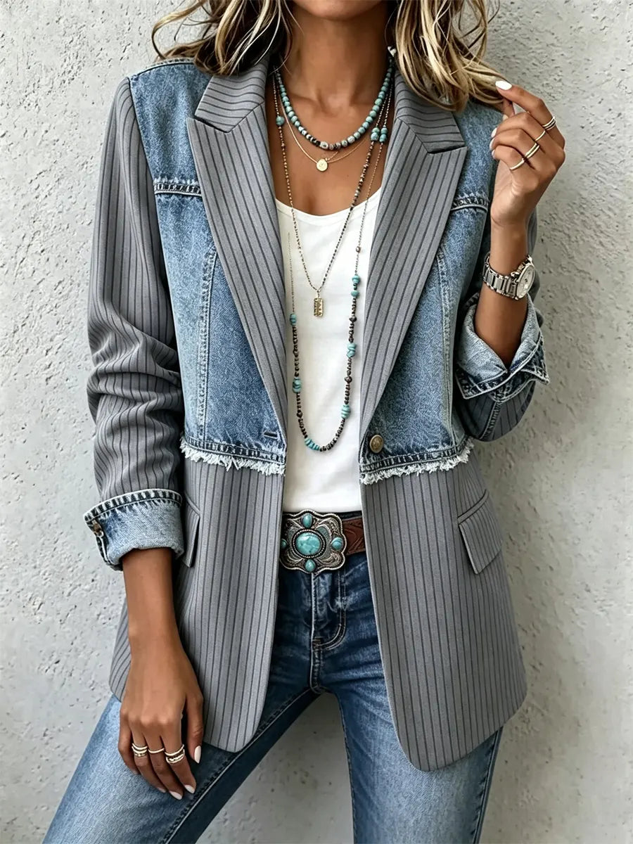 Retro Long Sleeve Lapel Casual Stylish Denim Patchwork Suit Coat