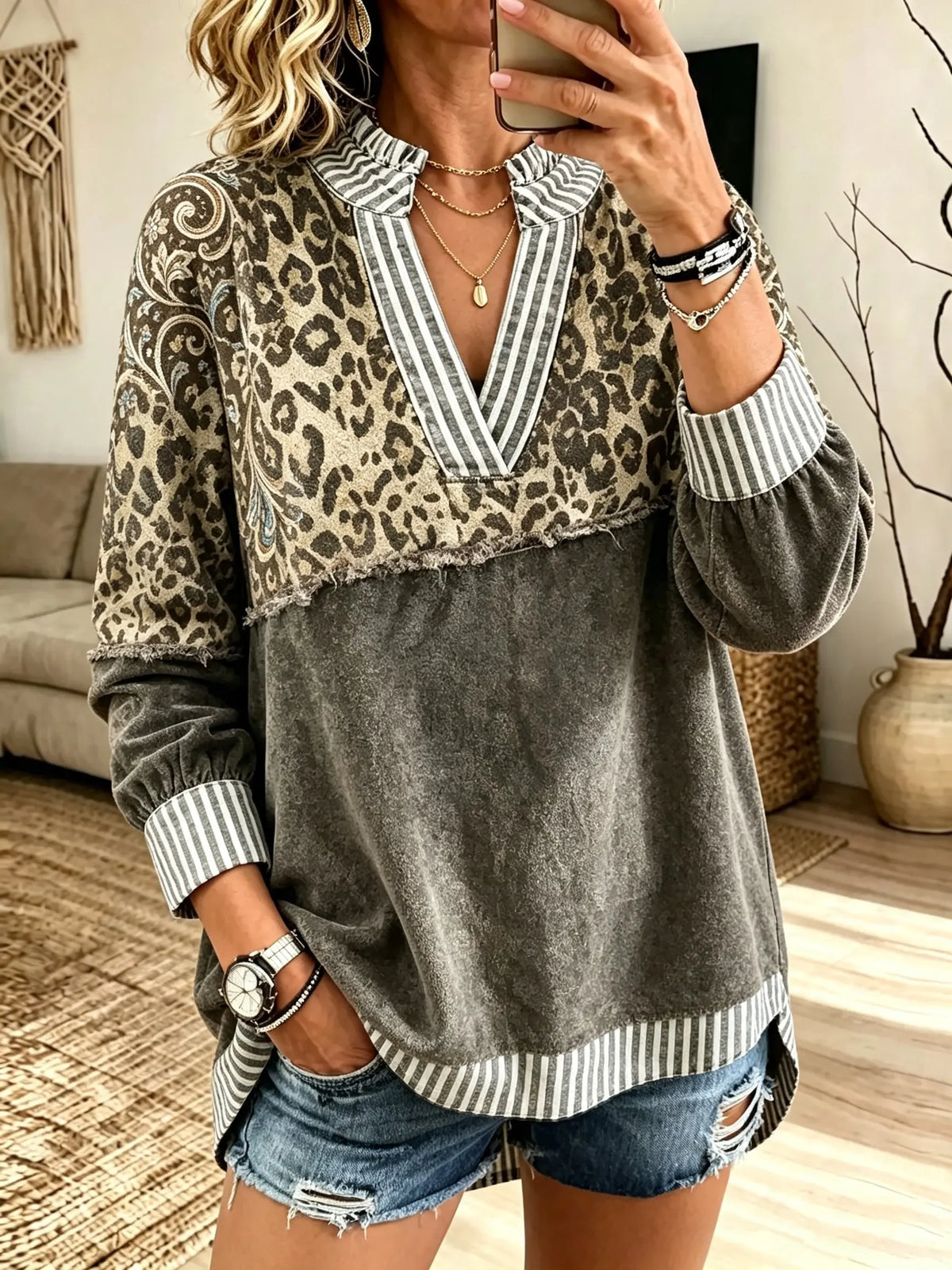 Women's Leopard Stripe Split-Neck Top
