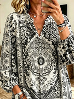Women's Black White Ethnic Pattern Print Ruffle V-Neck Lantern Sleeve Blouse